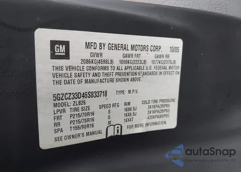 2006 Saturn Vue 4 Cyl z USA, uszkodzony, nr VIN 5GZCZ33D46S833718